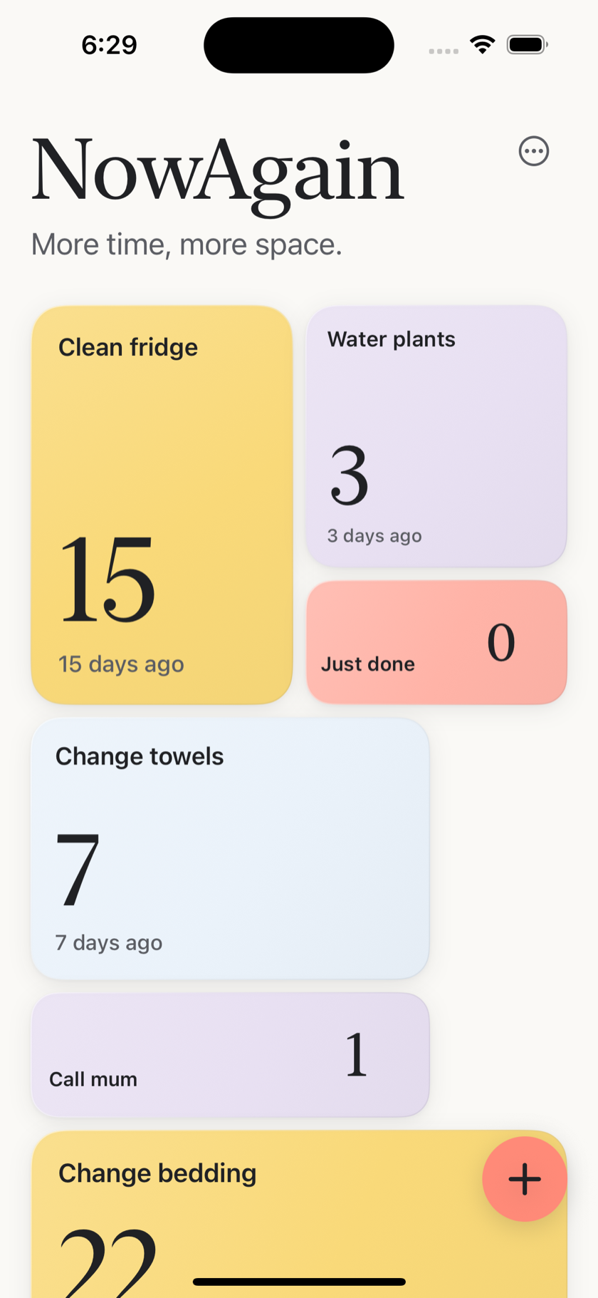 NowAgain app home screen showing elapsed-time cards